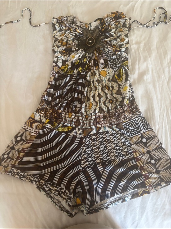 Sky Other - Sky Brown, Yellow & White Strapless Patterned Romper